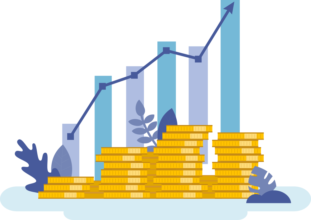 Illustration showing upward trending bar graph and stacked money